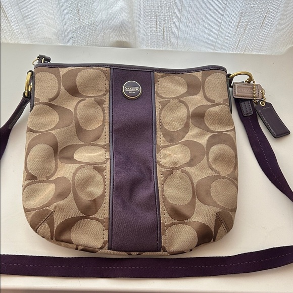 Coach Signature Stripe Satchel with Patent Leather Trim Handbag in Purple F25771 - Picture 1 of 9
